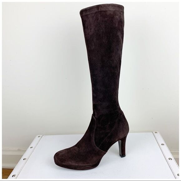 Graffiti Brown Suede Platform Heel Pull-On Boots Sz 7.5 - Picture 2 of 10